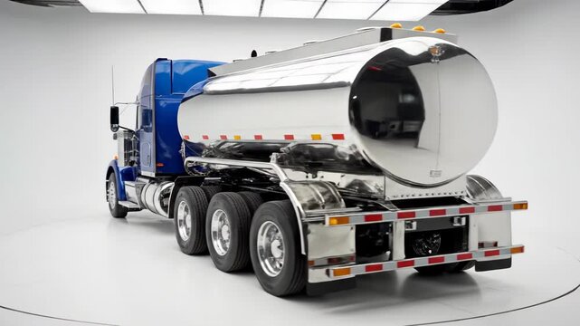 Blue and Chrome Tanker Truck - This video shows the rear three-quarters view of a gleaming, dark blue semi-truck with a large, polished chrome tanker attached.
