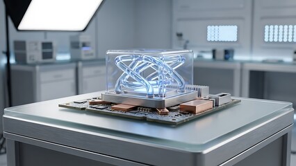 Modern technology setup featuring a transparent cube with illuminated wires on a circuit board in a clean tech lab