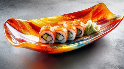 Sushi rolls with tempura shrimp on a ceramic plate