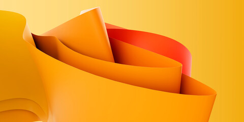 Abstract Paper Wave Folds in 3D, Minimal Modern Background with Yellow and Red Gradient