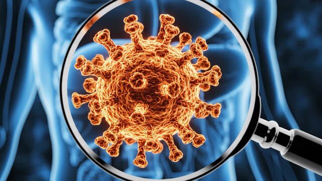 Microscopic View of Virus - An orange virus is seen under a magnifying glass with a blue abstract background. The virus has a spiky exterior, indicative of its infectious nature.