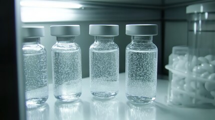 Three sealed glass vials containing clear liquid with tiny bubbles sit on a reflective surface in a laboratory setting