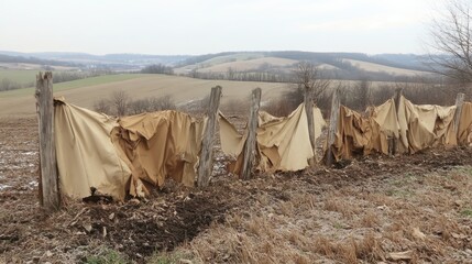 Tattered canvas material clinging to weathered wooden posts in a rural landscape with rolling hills and dry vegetation under an overcast sky