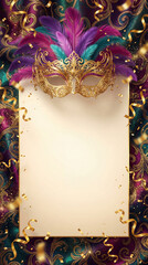 Fundo de Carnaval Brasileiro Luxuoso com M&aacute;scara Dourada e Amplo Espa&ccedil;o para Texto - Template Festivo 3D para An&uacute;ncios