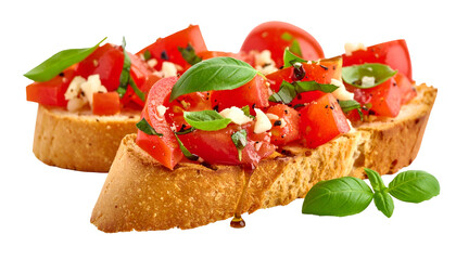 Three toasted bread slices topped with vibrant chopped tomatoes, basil, and garlic