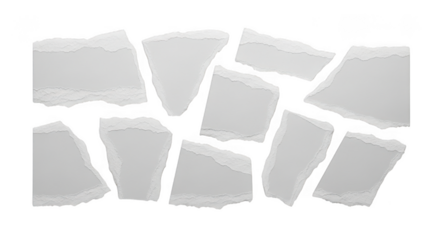 Collection of torn paper scraps isolated on transparent background