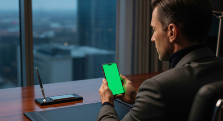 Businessman Holding Phone with Green Screen in Office