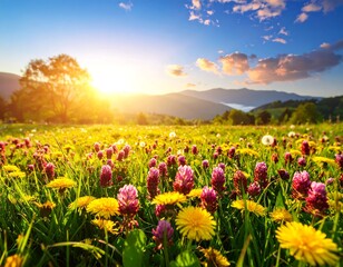 Fototapeta premium Vibrant wildflowers in a meadow at sunset