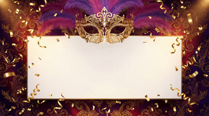 Fundo de Carnaval Brasileiro Luxuoso com M&aacute;scara Dourada e Amplo Espa&ccedil;o para Texto - Template Festivo 3D para An&uacute;ncios