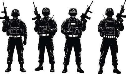 Armed Soldiers Silhouettes Set of Military Personnel Holding Rifles Tactical Gear Security Force Black Vector Illustration Isolated White Background © Sihab Creatives