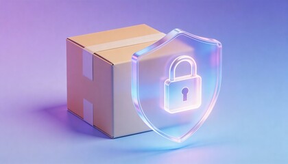 Parcel wrapped in translucent digital glass shield with padlock icon secure shipping concept glassmorphism style