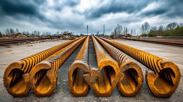 Twisted rusty rebar forming abstract menacing shapes on an industrial outdoor ground with dramatic clouds overhead