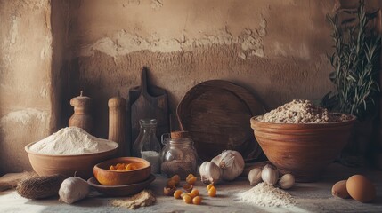 Various Ethnic Food Ingredients Arranged in Rustic Kitchen Setting