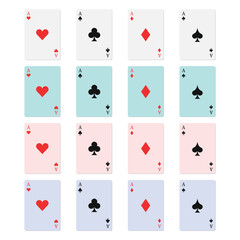 Colorful playing cards showing heart, diamond, club, and spade suits. Modern card set features pastel backgrounds with classic ace symbols. Ideal for casino themes, poker designs, and game illustratio