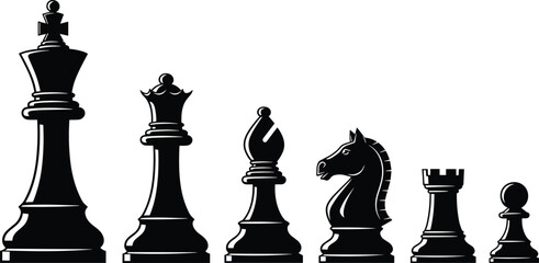 Elegant Chess Pieces Silhouettes Set Featuring King Queen Bishop Knight Rook Pawn Classic Strategy Game Black Vector Illustration © Sihab Creatives