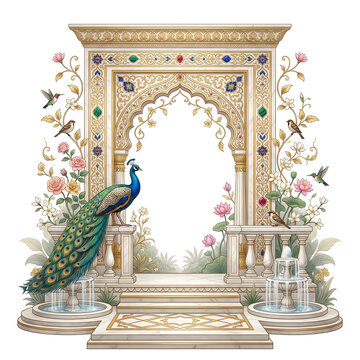 Ornate Indian Archway with Peacock and Water Fountains graphic design isolated on a transparent background