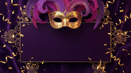 Fundo de Carnaval Brasileiro Luxuoso com M&aacute;scara Dourada e Amplo Espa&ccedil;o para Texto - Template Festivo 3D para An&uacute;ncios