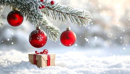 Red ornaments, gift, and frosted evergreen branch in snow; blurred background