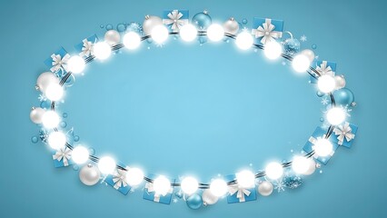 Obraz premium Oval string of glowing white and blue Christmas baubles gift boxes and snowflakes on blue background