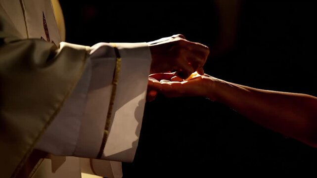 Priest hand giving eucharist bread Christian Communion Holy Sacrament Faith Ceremony Sacred Worship Host Devotion Black Backdrop