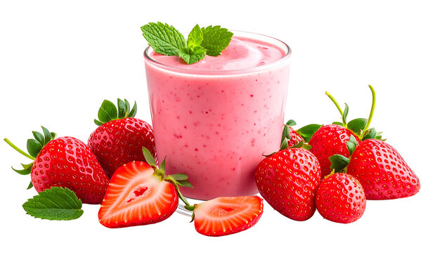 A vibrant strawberry smoothie in a glass surrounded by fresh berries and mint leaves - Powered by Adobe