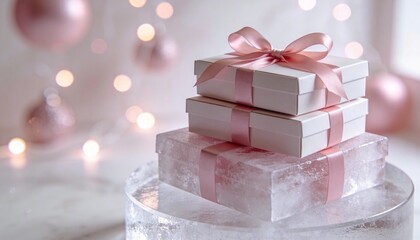 Stack of gift delivery boxes with pink ribbons on frosted glass podium with bokeh lights festive concept