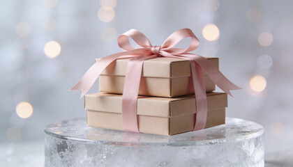 Stack of gift delivery boxes with pink ribbons on frosted glass podium with bokeh lights festive concept