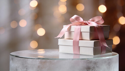 Stack of gift delivery boxes with pink ribbons on frosted glass podium with bokeh lights festive concept