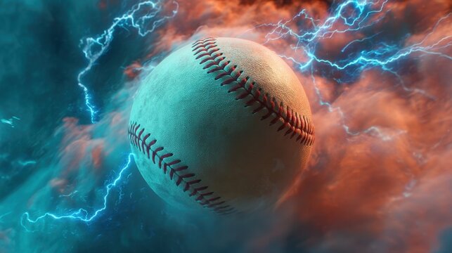 A baseball is floating in mid air while spinning. Bright lightning strikes surround the ball set against a backdrop of colorful clouds. The scene shows motion and energy.
