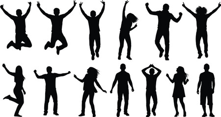 Jumping and Dancing People Silhouettes Set of Men and Women Celebrating Joy Energy Motion Party Black Vector Illustration