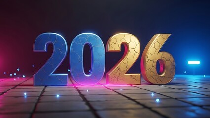 Glowing cracked texture numbers 2026 on illuminated grid floor with blue and gold colors