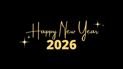 Happy New Year 2026 golden script text on black background with sparkles