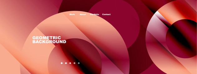 Abstract geometric background. Red, orange hues blend. Minimalist design with navigation options present. Modern aesthetic.