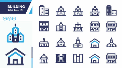 Collection of building icons in a flat minimalist solid style