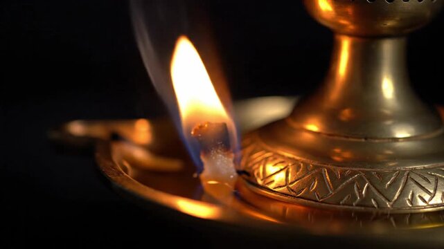 Close up burning brass oil lamp diya flame with black background for Diwali festival and religious prayer