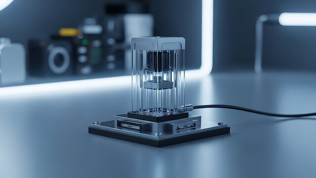 Modern Technology Device on Table with Camera Equipment in Background - Powered by Adobe