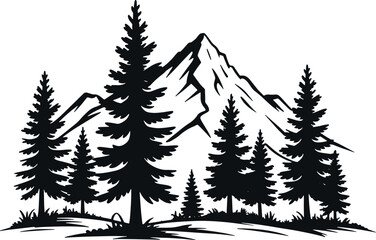 Obraz premium Outdoor Wilderness Mountain and Forest Vector Silhouette. Nature Logo Template with Pine Trees and Majestic Peak