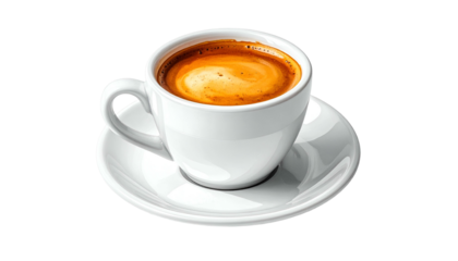 A white ceramic cup filled with coffee and foam, on a saucer. Overhead shot