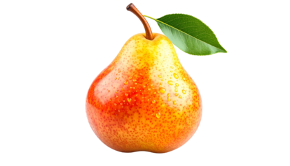 Isolated ripe pear with water droplets, stem, and leaf against a transparent background