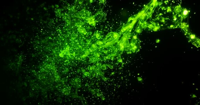 Abstract vibrant green energy flow and particles against a dark black background creating a dynamic visual texture 4K VIDEO