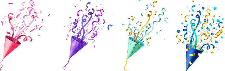 Set Of Confetti Popper for Event Designs confetti party popper icon, fireworks logo, cap, flat design isolated on white background arty poppers with perfect for celebrations and festive occasions