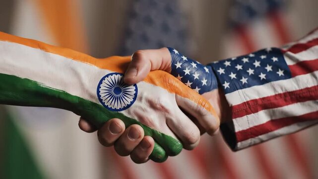 India USA Partnership Handshake - Close-up shot of a handshake between two hands, one painted with the Indian flag and the other with the USA flag.