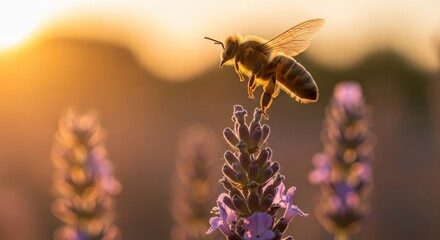 Golden hour sunlight illuminates a bee resting on a lavender flower