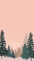 Minimalist winter background featuring pastel pink sky, scattered tiny snowflakes, simple dark green pine trees along the bottom only with large empty negative space in the upper and middle areas