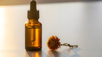 Fototapeta premium Amber glass essential oil bottle with sunlight and dried flower mockup