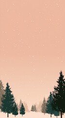 winter forest background with gentle snowfall, pastel sky in peach gradient, and evergreen silhouettes on bottom