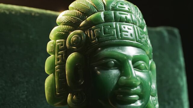 Mayan Jade Head Sculpture Close-Up - A close-up shot shows a green jade head sculpture with intricate carvings and a stylized headdress.
