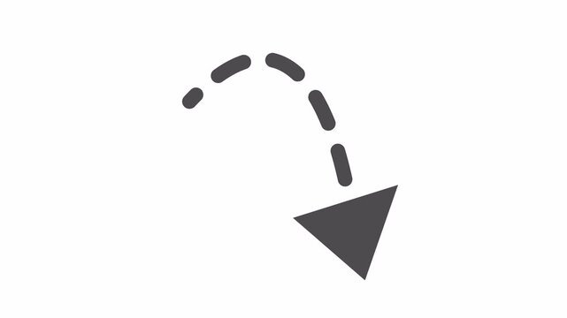 Animated dashed curved arrow pointing direction in transparent background. Navigation line art in a cartoon animation. Minimalist progress performance symbol.