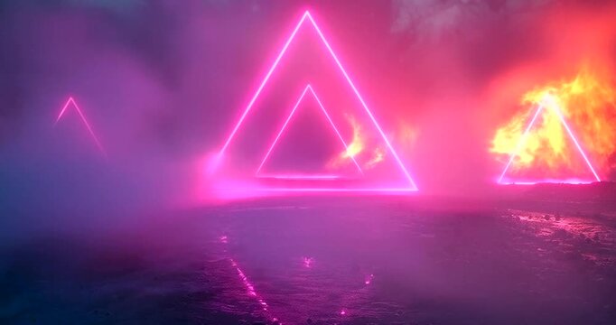 Glowing neon triangles illuminate a misty dark landscape with fiery hues and a dramatic atmospheric effect 4K VIDEO