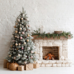 Christmas tree with ornaments by rustic stone fireplace in cozy living room